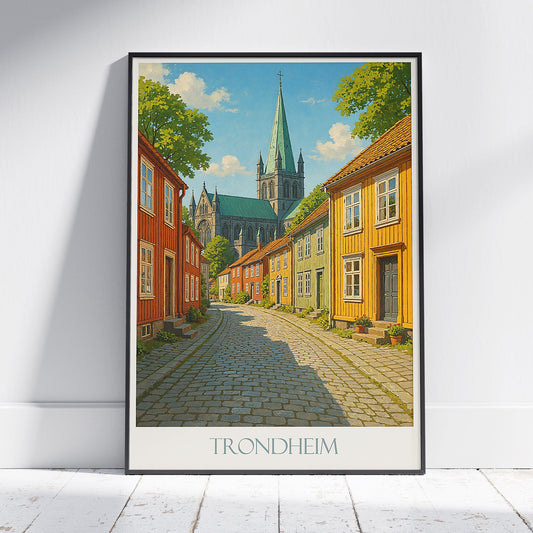 Trondheim Travel Poster | Norway Wooden Houses Art Print | Nidaros Cathedral Wall Art | Scandinavian City Decor