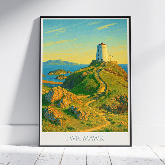 Twr Mawr Lighthouse Travel Poster, Llanddwyn Island Art Print ~ Anglesey Wales Coastal Decor | Nautical Home Wall Art Gift