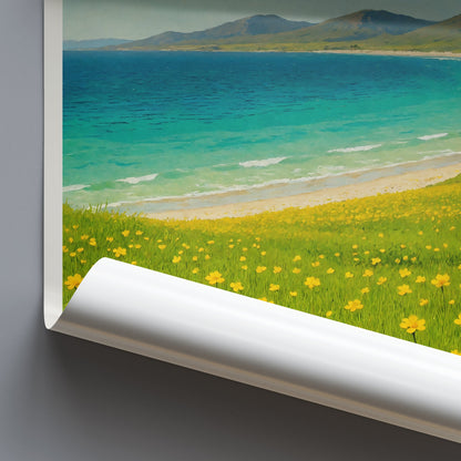 Uist Travel Poster, Outer Hebrides Scotland Art Print | Wildflower Meadow Coastal Landscape Wall Art | Isle of Uist Nature Decor