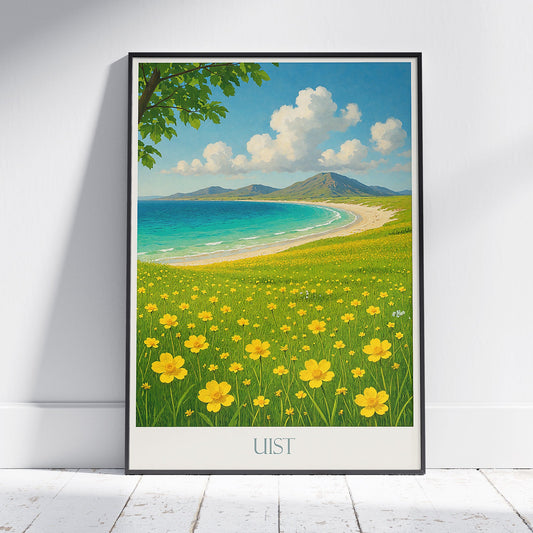Uist Travel Poster, Outer Hebrides Scotland Art Print | Wildflower Meadow Coastal Landscape Wall Art | Isle of Uist Nature Decor