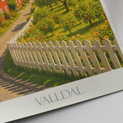Valldal Norway Travel Poster, Scenic Fjord Village Art Print | Red House Wall Decor | Scandinavian Landscape Gift