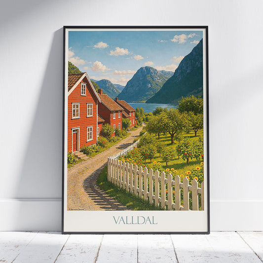 Valldal Norway Travel Poster, Scenic Fjord Village Art Print | Red House Wall Decor | Scandinavian Landscape Gift