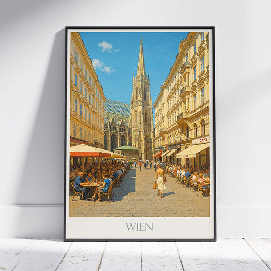 Vienna Travel Poster | Stephansdom Cathedral | Viennese Street Scene Art Print | Austrian Cafe Culture Wall Decor