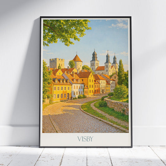 Visby Travel Poster, Sweden Medieval City Wall Art Print | Old Town Street Scene Decor Gift