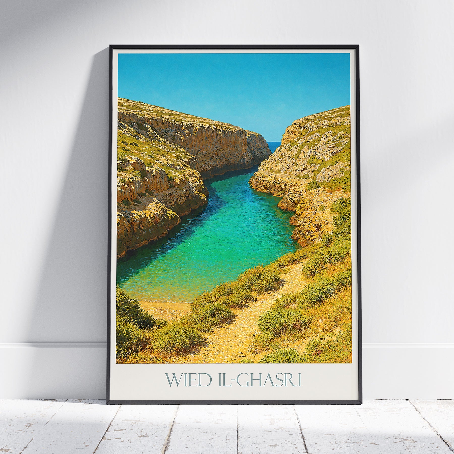 Wied il-Ghasri Travel Poster | Gozo Malta Art Print | Azure Sea Inlet | Mediterranean Coastal Wall Art