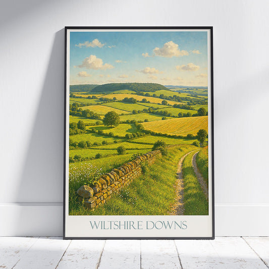 Wiltshire Downs Travel Poster | English Countryside Landscape Print | Idyllic Wall Art | Vintage Farmhouse Home Decor