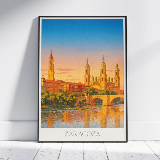 Zaragoza Spain Travel Poster | Basílica del Pilar Sunset Art Print | Vintage Home Decor Gift