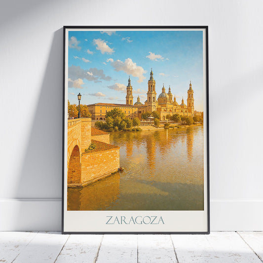 Zaragoza Travel Poster, Basilica del Pilar at Sunset | Spain Art Print | Ebro River Wall Decor | Spanish Vacation Gift