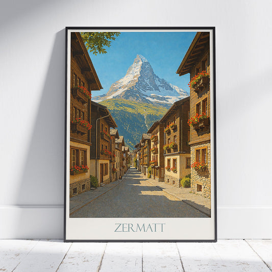 Zermatt Travel Poster, Matterhorn Switzerland Painted Wall Art Print | Alpine Home Decor | Switzerland Vacation Gift