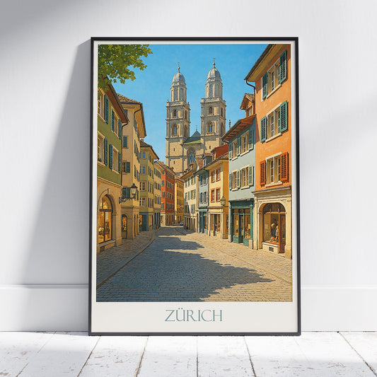 Zurich Travel Poster, Grossmünster Old Town ~ Switzerland Illustrated Art Print & Home Decor | Vintage European Cityscape Gift