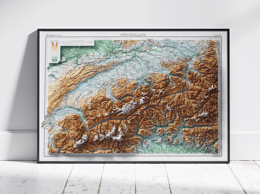 Switzerland Vintage Map 2D Topographic Shaded Relief ~ Print Poster Wall Art Decor