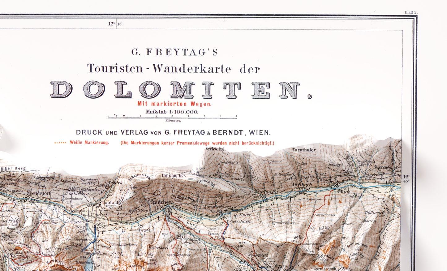 Dolomites Vintage Shaded Relief Map 2D Print