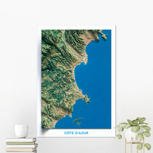 Cote D'Azur French Riviera, France ~ 2D Aerial Imagery Shaded City Relief Map Print