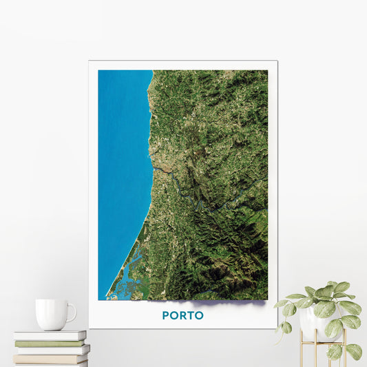 Porto, Portugal ~ 2D Aerial Imagery Shaded City Relief Map Print