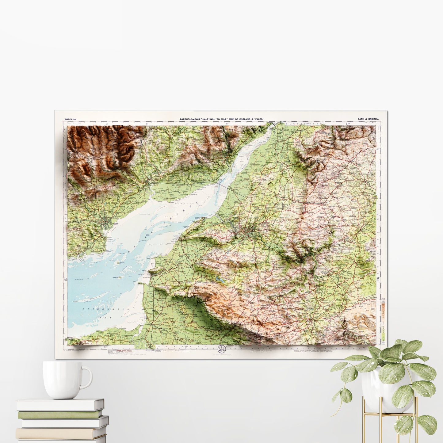 Bath & Bristol, UK ~ 2D Shaded Relief Map Vintage Atlas Style Print