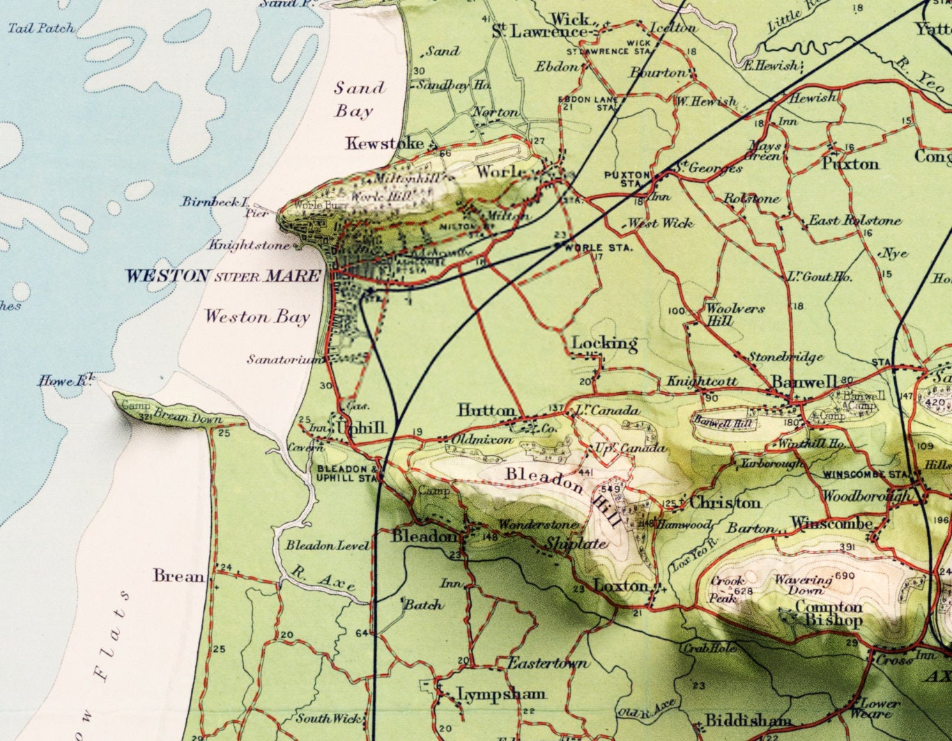 Bath & Bristol, UK ~ 2D Shaded Relief Map Vintage Atlas Style Print