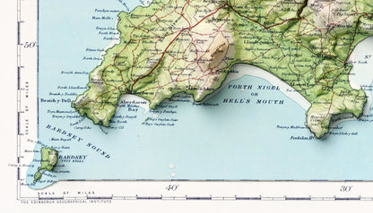 North Wales, Anglesey & Snowdonia Vintage Style 2D Shaded Relief Map ~ Print Topography