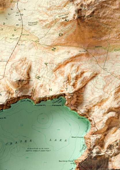 Crater Lake National Park Map 2D Topographic Shaded Relief ~ Oregon USA Print
