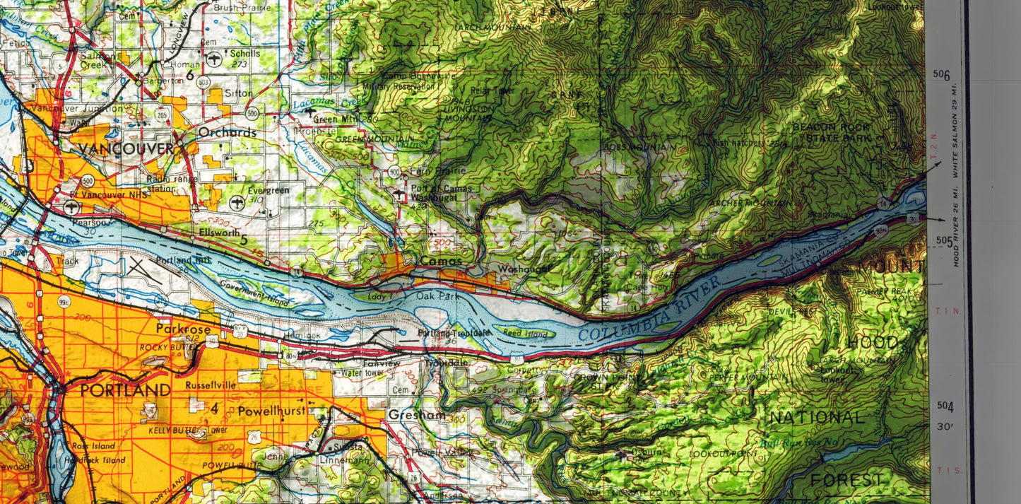 Portland, Oregon Vintage Map 2D Topographic Shaded Relief ~ USA Print