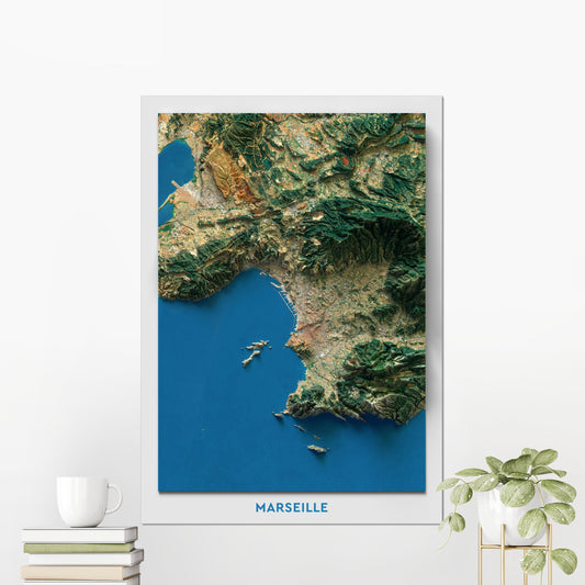 Marseille, France ~ 2D Aerial Imagery Shaded City Relief Map Print