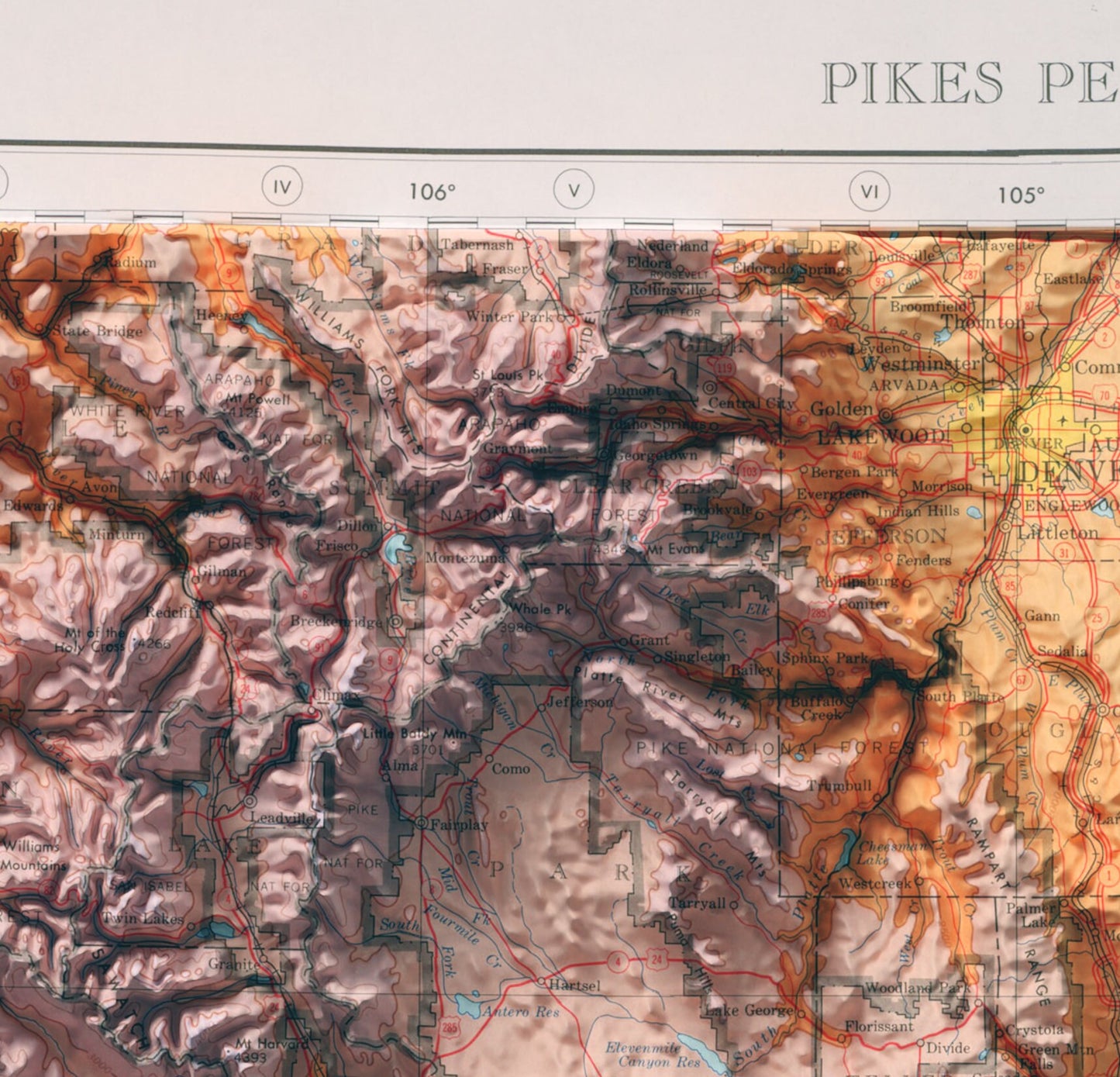 Denver & Rocky Mountains Vintage Map 2D Topographic Shaded Relief ~ Pikes Peak Colorado USA Print