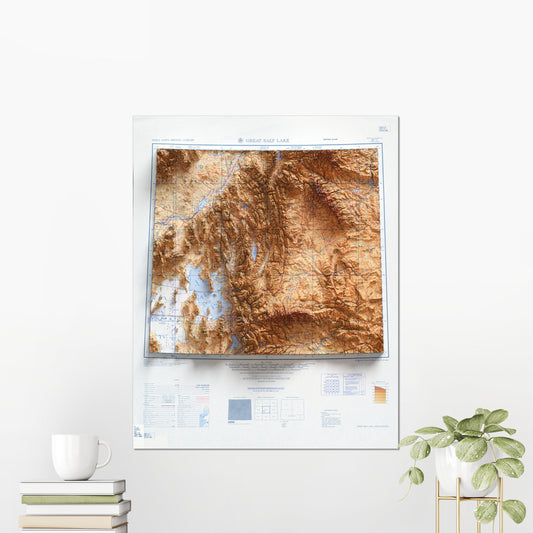 Great Salt Lake Vintage Map 2D Topographic Shaded Relief ~ Utah Idaho Wyoming USA Print