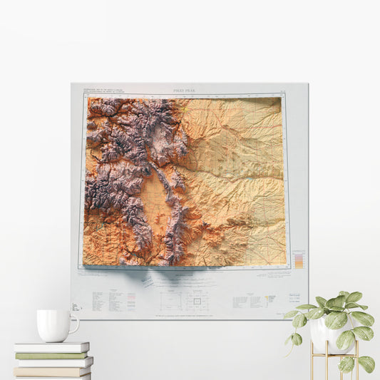 Denver & Rocky Mountains Vintage Map 2D Topographic Shaded Relief ~ Pikes Peak Colorado USA Print