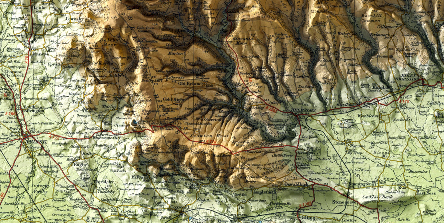 North York Moors & Scarborough Coast, UK ~ 2D Shaded Relief Map Vintage Atlas Style Print