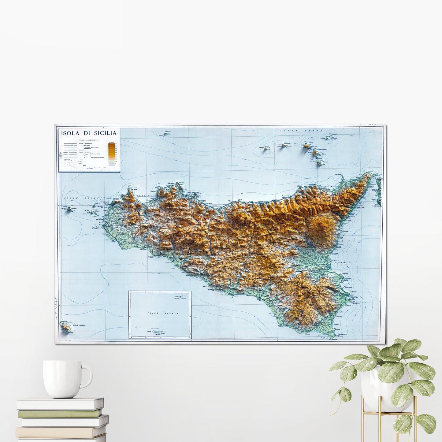 Sicily, Italy ~ 2D Shaded Relief Map Vintage Atlas Style Print