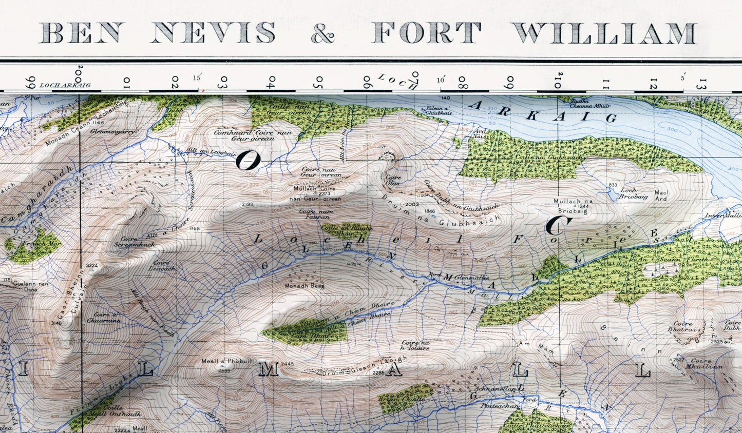 Ben Nevis & Fort William ~ 2D Shaded Relief Map Vintage Atlas Style Print