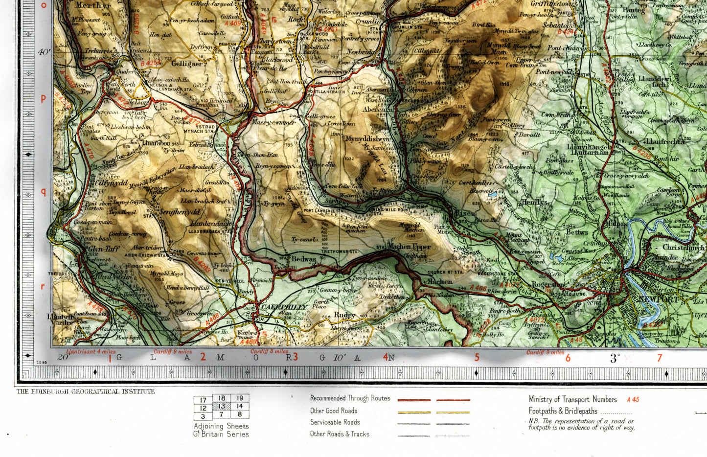 Wye Valley, Gloucestershire, Monmouth ~ 2D Shaded Relief Map Vintage Atlas Style Print