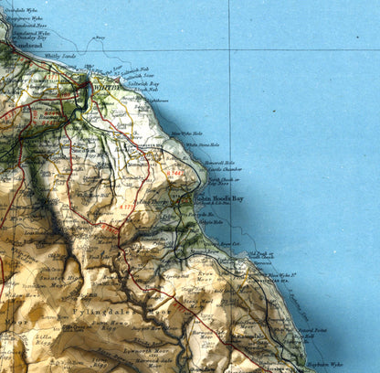 North York Moors & Scarborough Coast, UK ~ 2D Shaded Relief Map Vintage Atlas Style Print