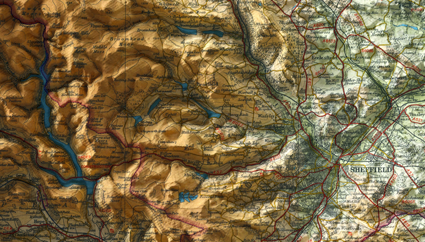 Peak District Shaded Relief Vintage Map 2D Print