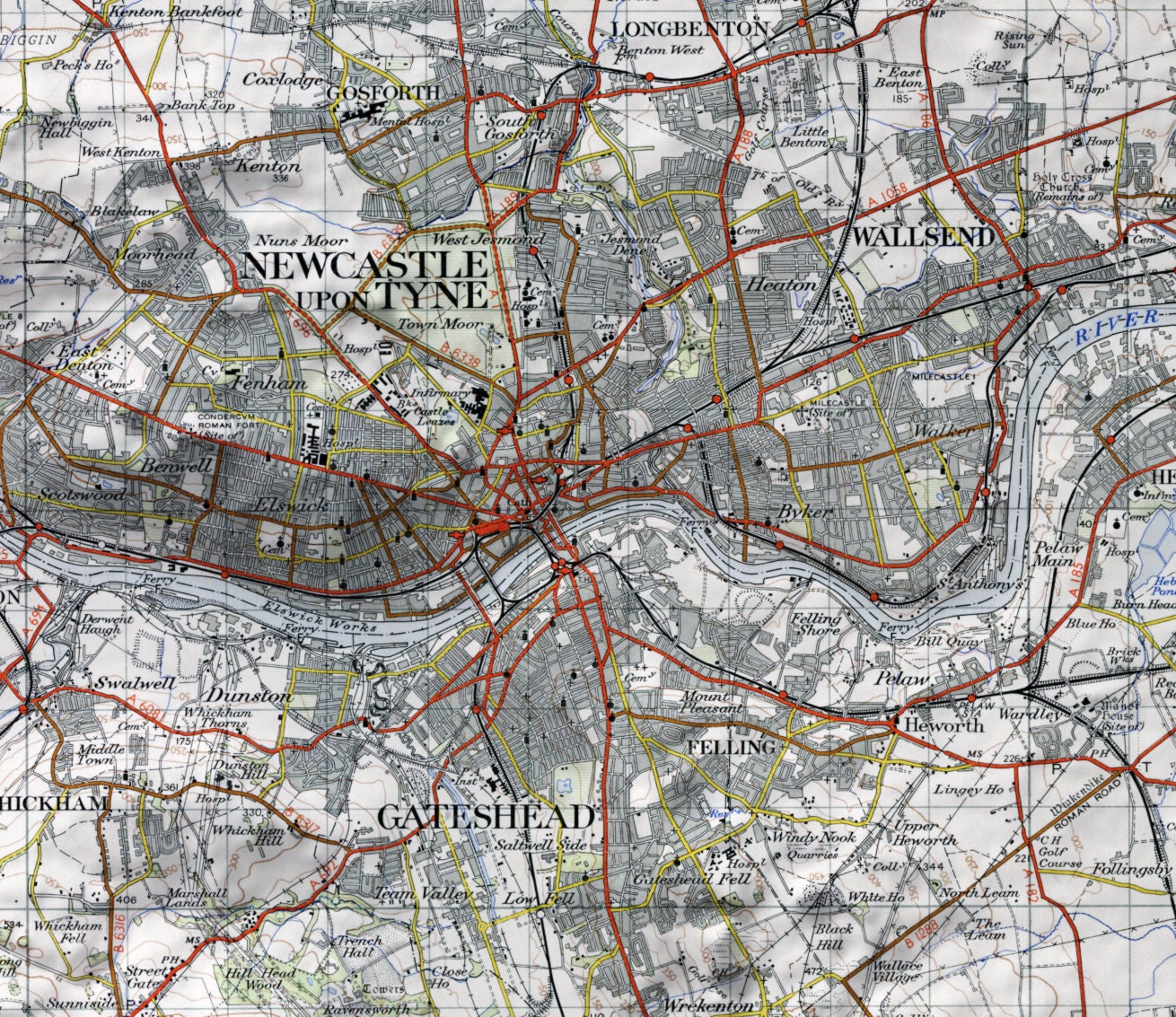 Newcastle upon Tyne ~ 2D Shaded Relief Map Vintage Style Print