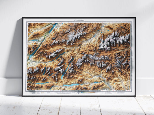 Grampian Mountains, Scotland ~ Vintage Map 2D Shaded Relief UK Print