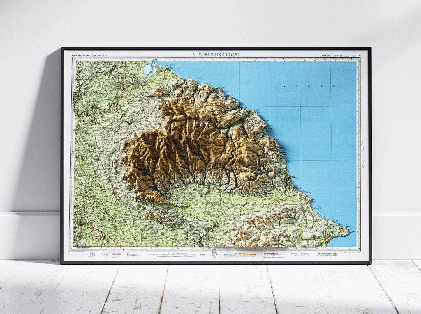 North York Moors & Scarborough Coast, UK ~ 2D Shaded Relief Map Vintage Atlas Style Print