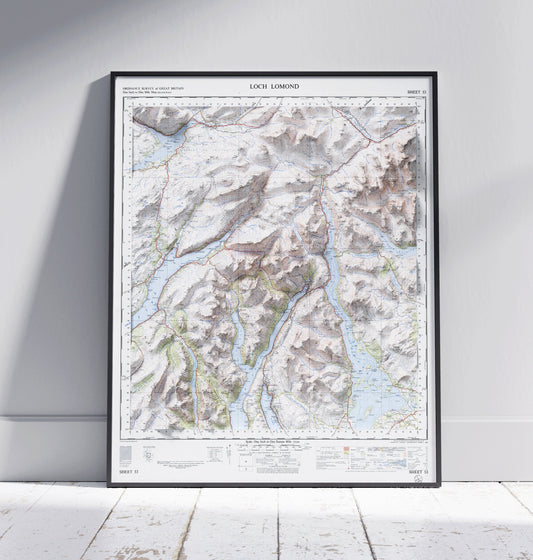 Loch Lomond, Scotland ~ 2D Shaded Relief Map Vintage Style Print