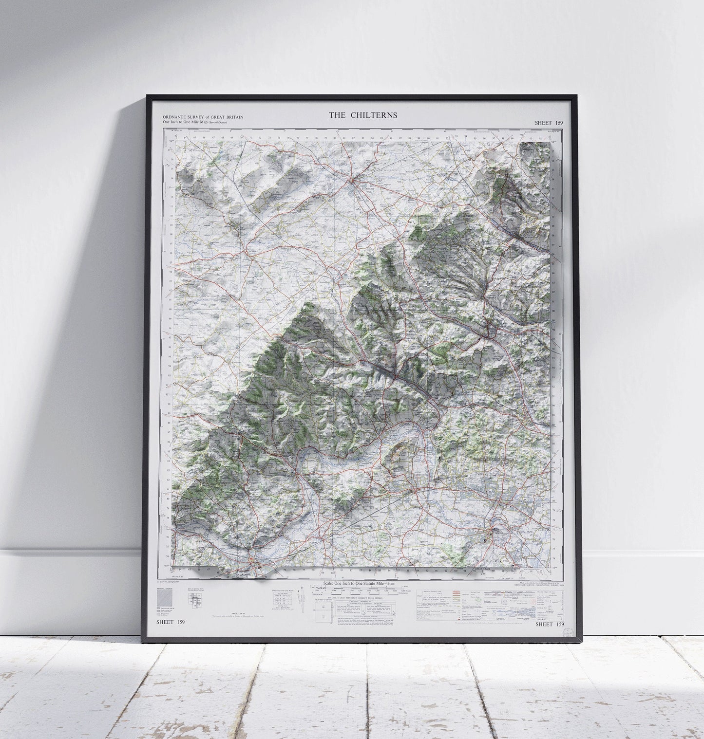 Chiltern Hills, High Wycombe & Henley ~ 2D Shaded Relief Map Vintage Style Print