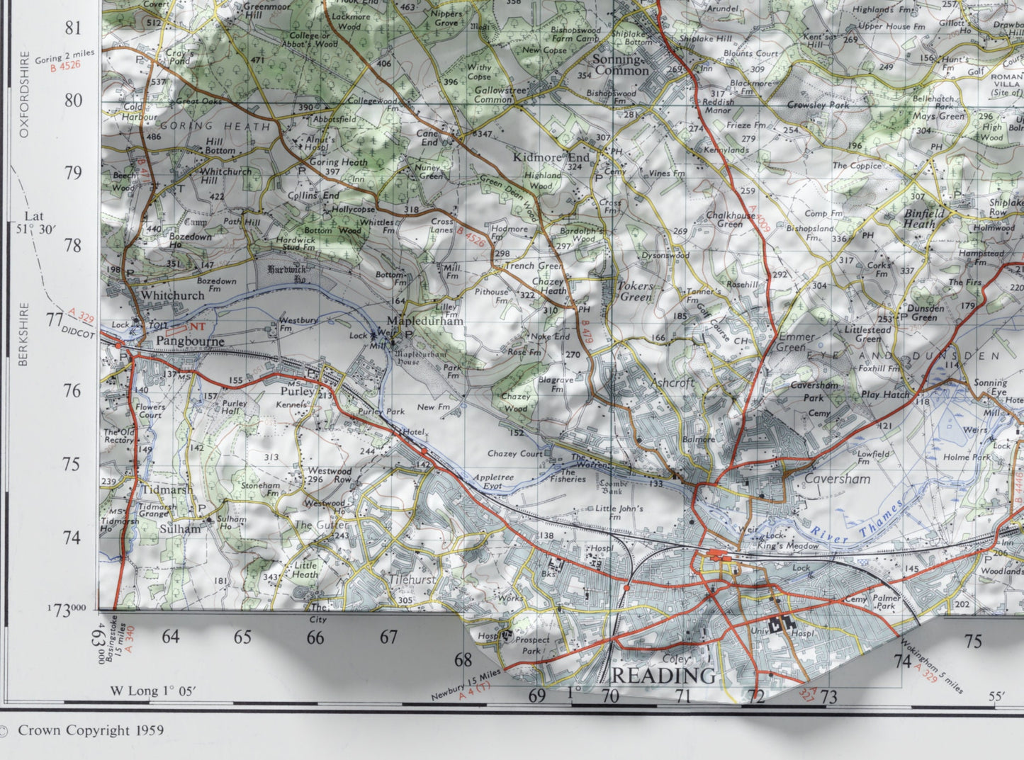 Chiltern Hills, High Wycombe & Henley ~ 2D Shaded Relief Map Vintage Style Print