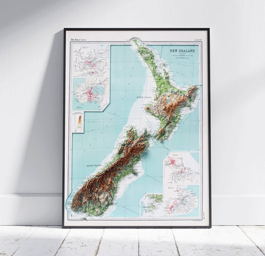 New Zealand Vintage Map 2D Topographic Shaded Relief ~ Print