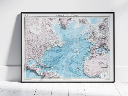 North Atlantic Vintage Map 2D Topographic Shaded Relief ~ Print