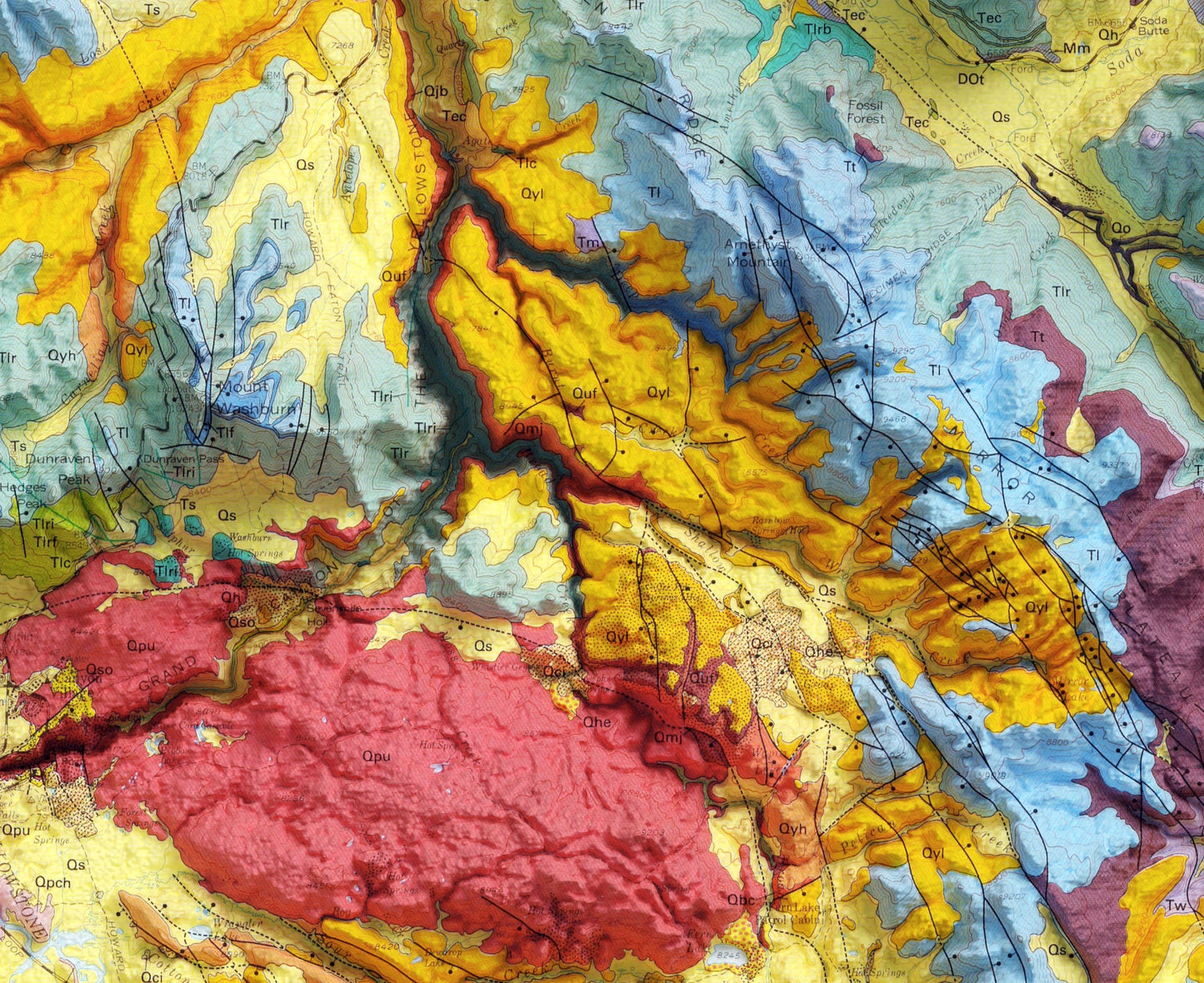 Yellowstone National Park: Retro Geological Map Shaded Relief 2D Print