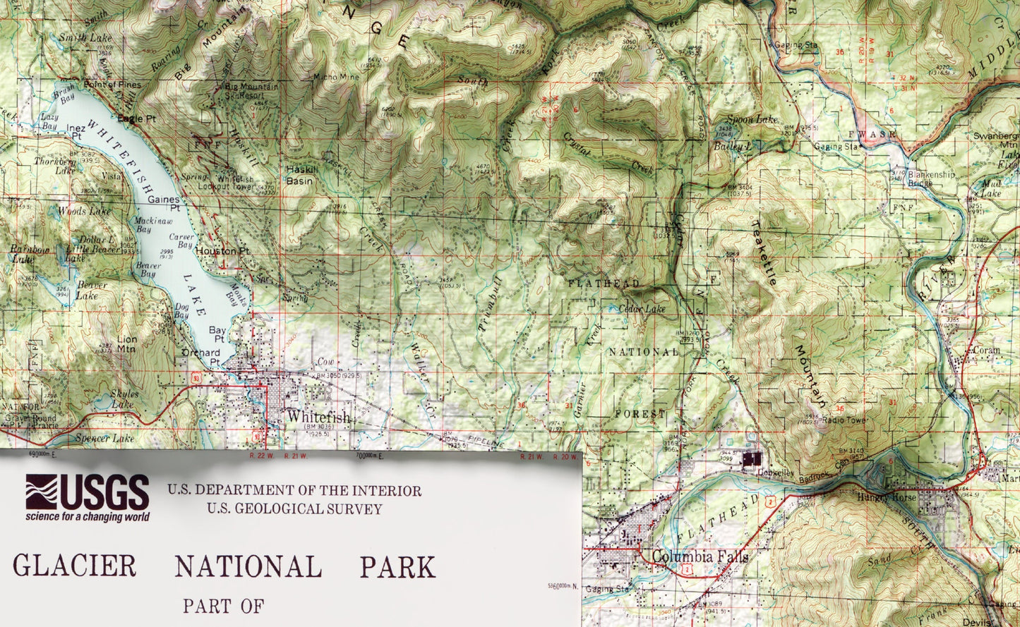 Glacier National Park ~ Shaded Relief 2D Map Print ~ Montana Topography