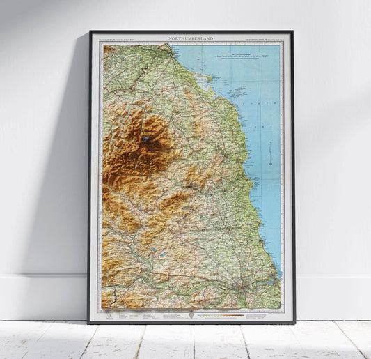 Northumberland Shaded Relief Vintage Map 2D Print ~ UK