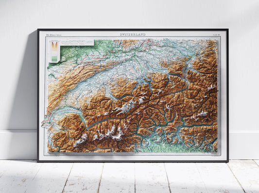 Switzerland Vintage 2D Shaded Relief Map Print ~ Topographic - Geneva, Matterhorn, Mont Blanc, Jungfrau