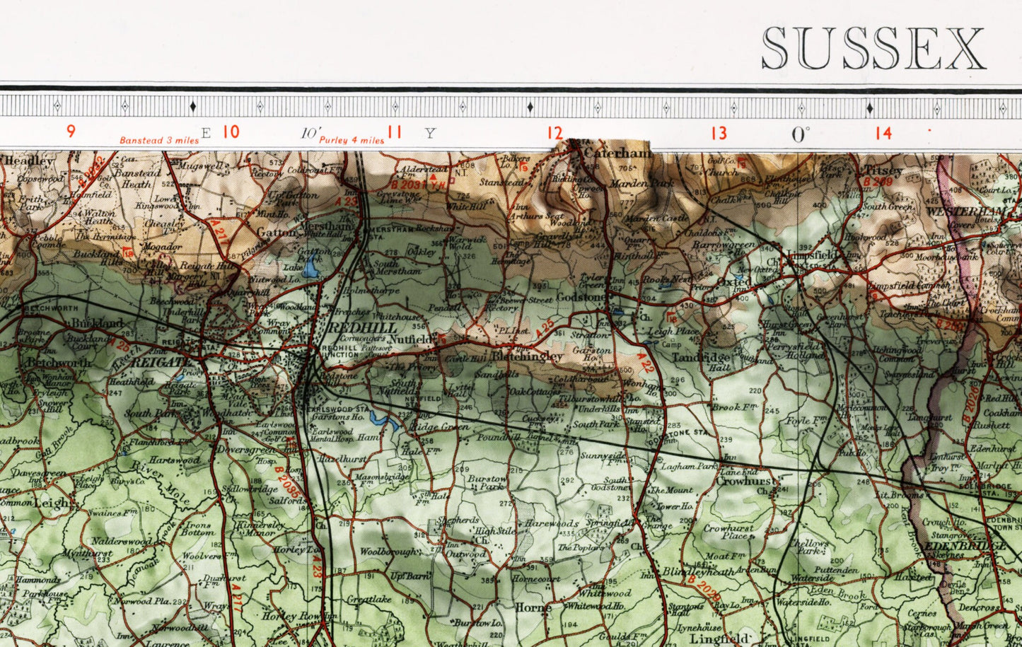 Sussex ~ 2D Shaded Relief Map Vintage Atlas Style Print