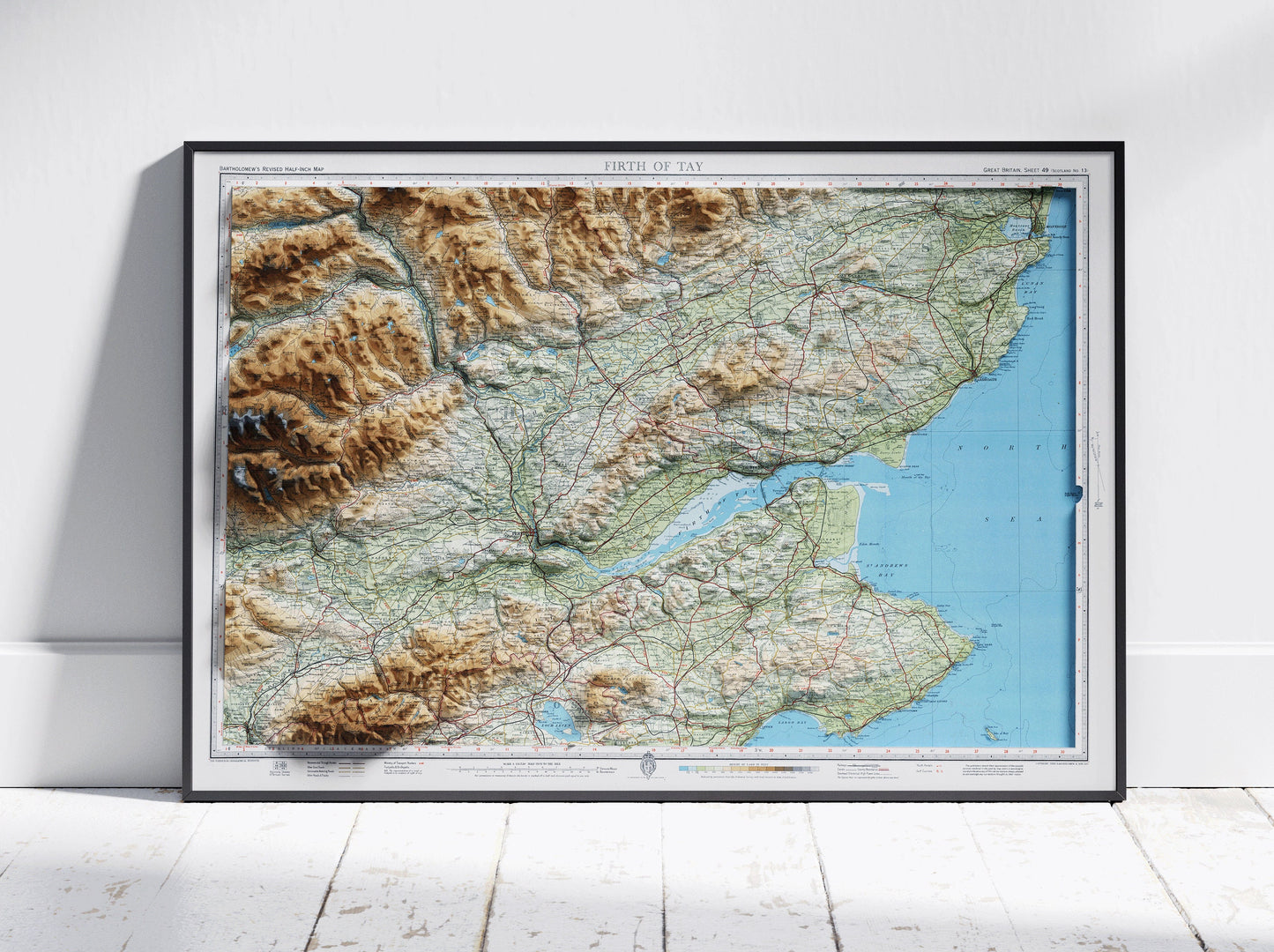 Firth of Tay, Scotland~ 2D Shaded Relief Map Vintage Atlas Style Print