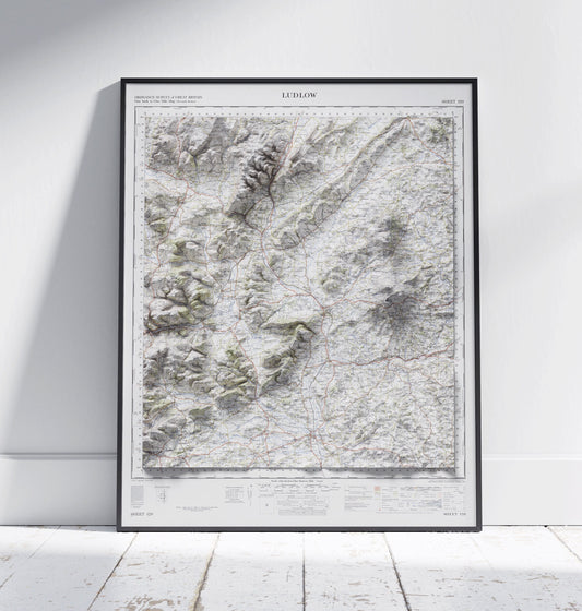 Ludlow & Leominster ~ 2D Shaded Relief Map Vintage Style Print