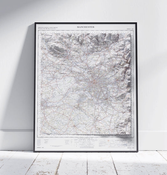 Manchester, Bolton & Oldham ~ 2D Shaded Relief Map Vintage Style Print