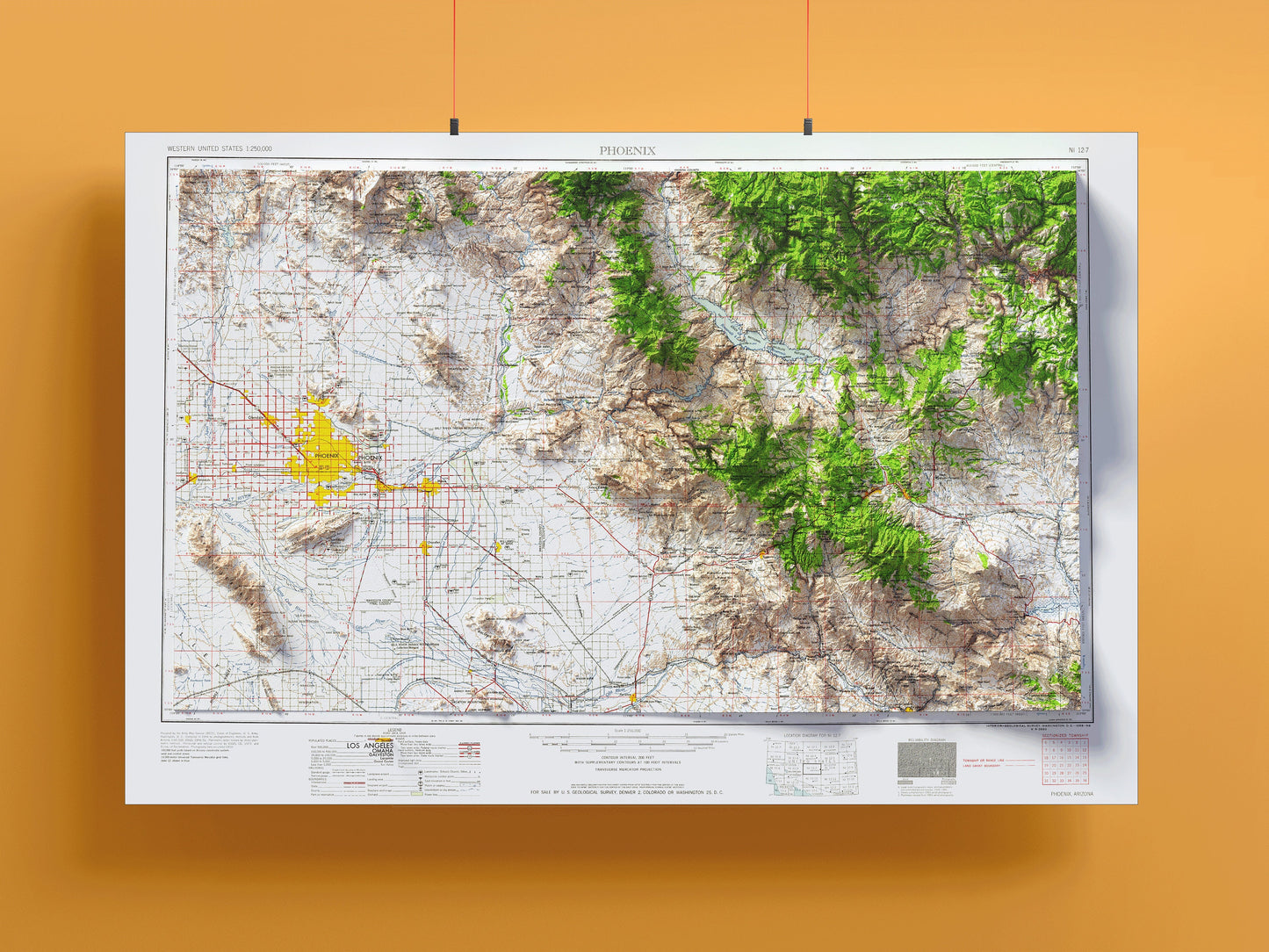 Phoenix & Mesa, Arizona: 2D Shaded Relief Map Print ~ Retro Topographic